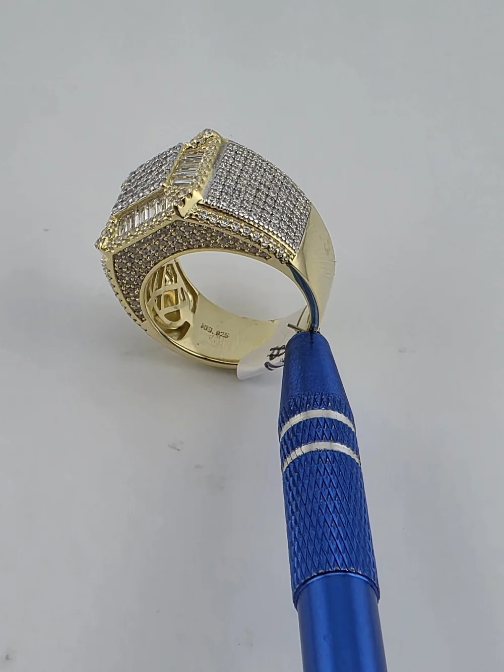 Sterling Silver 925 Gold-Tone Pave Square Statement Ring with Clear C.z Stones